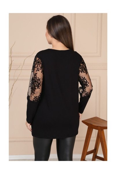 HÜLYA BUTİK Women's Black V-Neck Sleeve Floral Flock Print Blouse