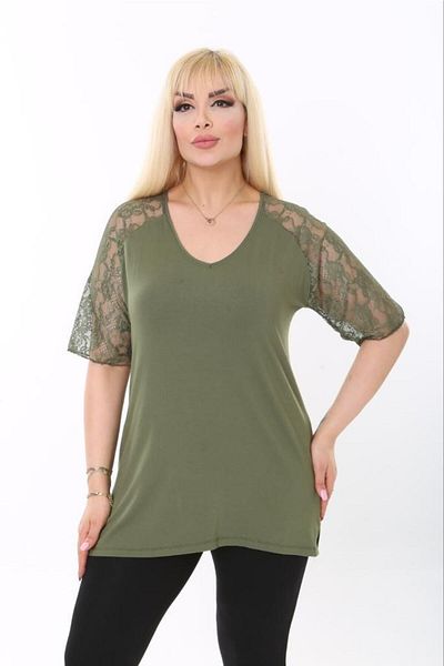 HÜLYA BUTİK Green Sleeve Lace Detailed V-Neck Blouse