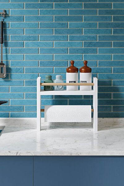 interGO Rulo Havlu Takılabilir Baharatlık Standı Tezgah Üstü Düzenleyici Ahşap Raf - Beyaz