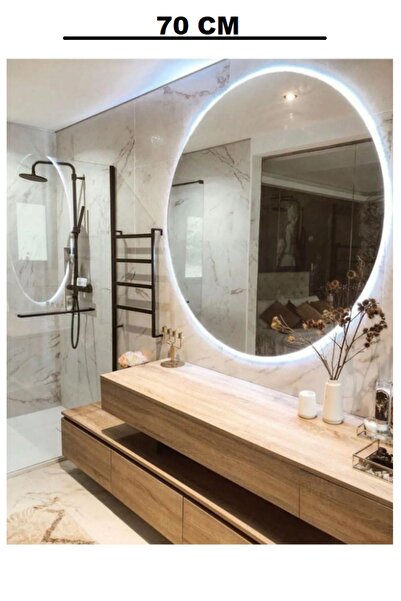 FAYMEND 70 Cm Çapında Beyaz Led'li Lavabo, Banyo, Duvar Aynası