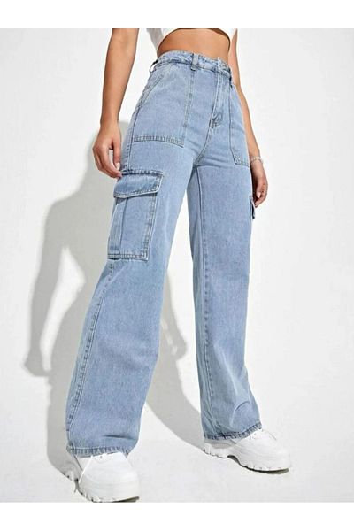 SHEVEGA Ice Blue Cargo Buzunar Talie înaltă Pantaloni largi Palazzo Blugi Blugi largi