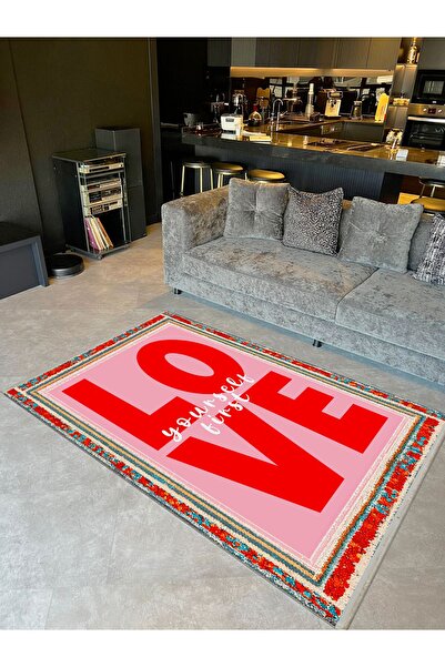 Rugs Modern Halı Paris Koleksiyonu Pembe Kırmızı Love Yazı Detaylı Modern Dek...