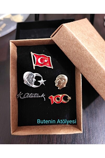 Butenin Atölyesi 29 Ekim,türk Bayrağı, Atatürk, Ay Yıldız, Imza,100. Yıl Gümüş Ve Gold Renk, Yaka Rozeti 5'li Set