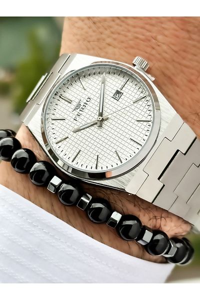 FERRO White Dial Brand Silver Color Waterproof Guaranteed Men's Wristwatch Bracelet Rosary