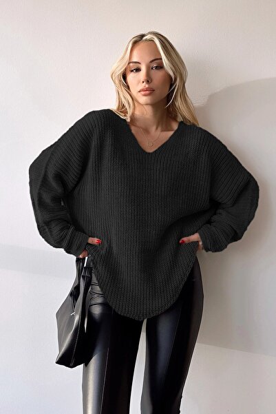 bacc Kadın Siyah V Yaka Selanik Örgü Kışlık Kazak Bc231019