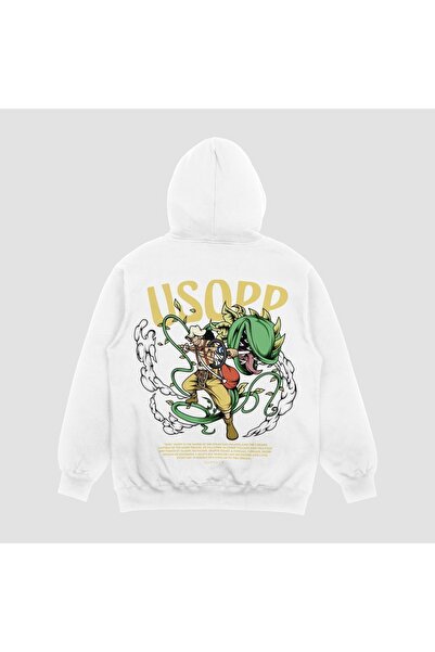 FECCY Hanorac unisex alb cu imprimeu Usopp, supradimensionat, cu glugă