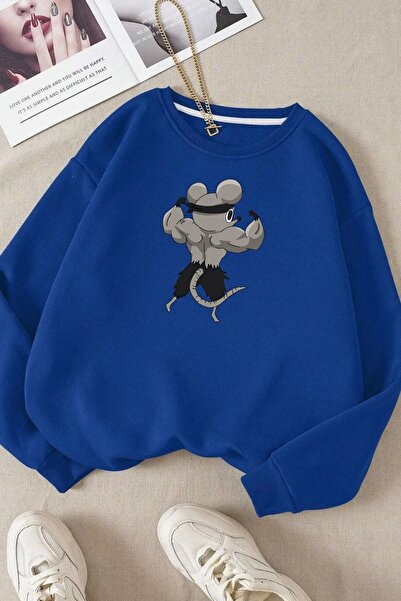 FECCY Hanorac albastru unisex supradimensionat din bumbac - Decolteu tip crew...