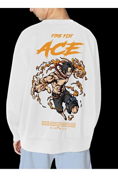 FECCY Hanorac unisex alb cu imprimeu Ace, fără glugă, supradimensionat