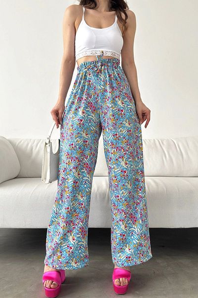 bacc Light Blue Patterned - Rubber Waist Wrap Women's Trousers Bcdf-241104