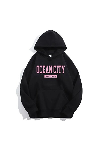 FECCY Unisex Μαύρο Φούτερ με στάμπα Ocean City, με κουκούλα, από βαμβάκι