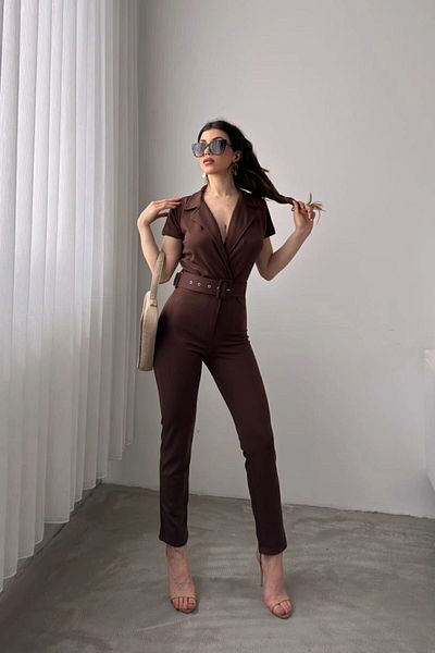 bacc Brown Belted Collar Women's Jumpsuit - Bcdf-247023