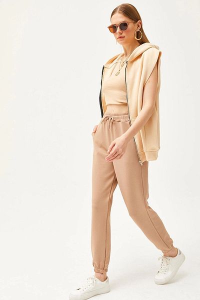 bacc Μπεζ γυναικείο Jogger Sweatpants - Διπλή τσέπη, Soft Modal Leg, Elastic Bc 241146