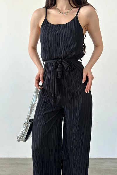 bacc Black Belted Crinkle Women's Jumpsuit - Rope Strap Bcdf-241077