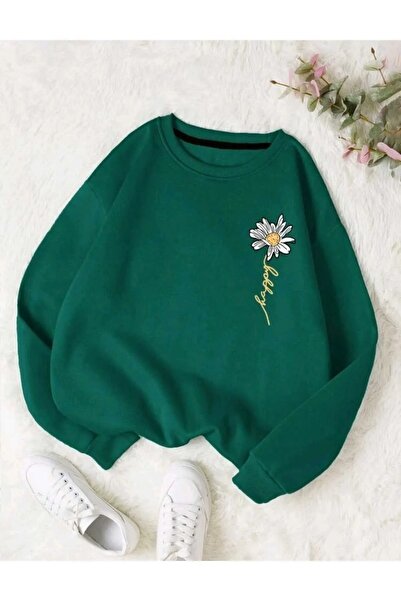 FECCY Green Oversize Daisy Printed Women's Sweatshirt - Crew Neck