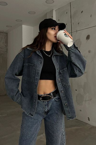bacc Anthracite Denim Shirt Jacket - Double Pocket and Washable Women's Model Bcdf-235403