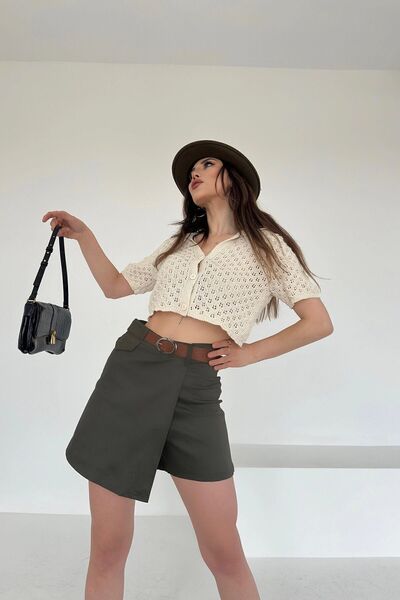 bacc Women's Khaki Waist Belted Front Cover Detailed Gabardine Shorts Skirt Bcdf- 247709