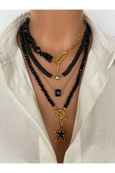 Trend Jewellery ( 4 Kolye ) Doğal Taş Kadın Siyah Oniks Çelik Zincir Altın Kaplama Melek Yıldız Özel Kadın Kolye