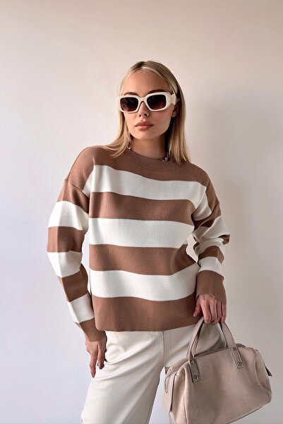 bacc Pulover de damă din tricotaje moi cu dungi cu gât crew - Bc 231035