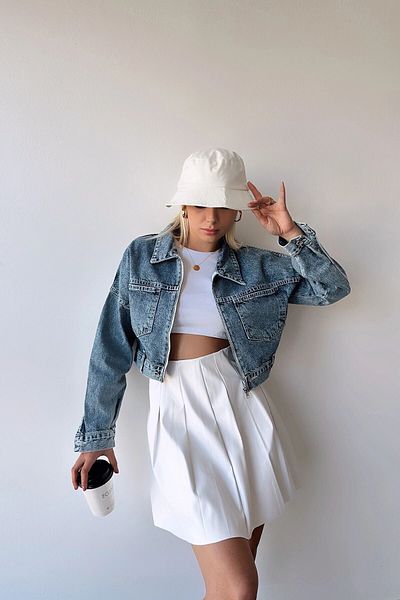 bacc Jachetă de damă din denim crop albastru - Buzunare duble și fermoar Bcdf- 235410