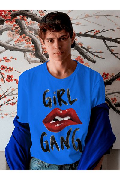 The Baski Тениска Girl Gang Premium Blue - щампа с устни, 100% памук