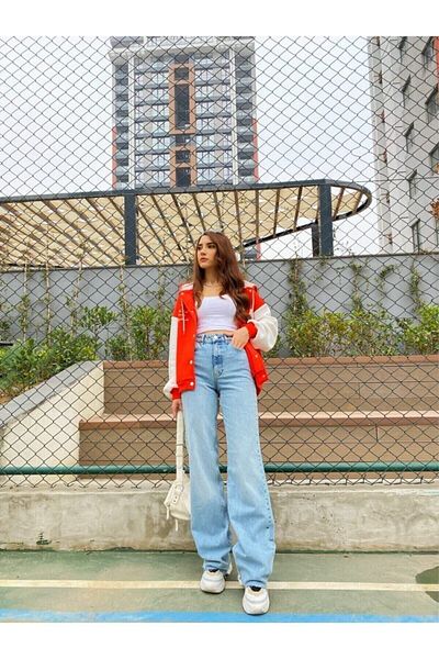 DRC trend Blugi Palazzo din Lycra albastru din anii '90 Alice - albastru mediu, spălat cu zăpadă, talie super extra înaltă