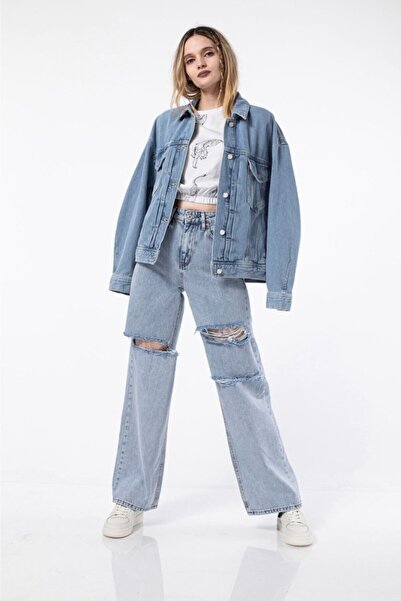 DRC trend جينز أزرق ممزق - خصر عالي للغاية، غسيل ثلجي، فضفاض، ساق واسعة