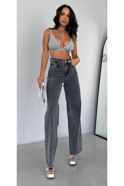 DRC trend بنطال جينز بالازو نسائي من قماش الدنيم المدخن - ليكرا فضفاض، خصر عا...