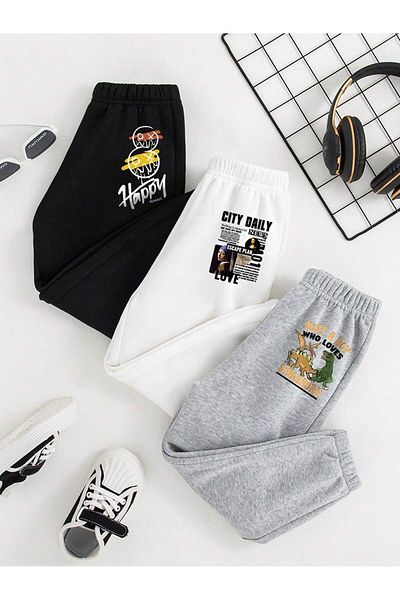 Mythologie 3-συσκευασία Happy City Dinasour printed Jogger Sweatpants - Μαύρο Λευκό Γκρι Λαστιχένιο Πόδι Ψηλόμεσο Καλοκαίρι