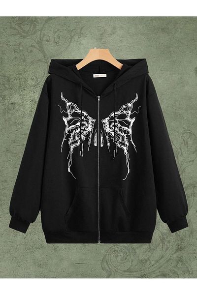 Mythologie Y2k Butterfly B Thick Cardigan - Μαύρη εμπριμέ καλοκαιρινή υπερμεγέθη ζακέτα με κουκούλα με τσέπη με φερμουάρ