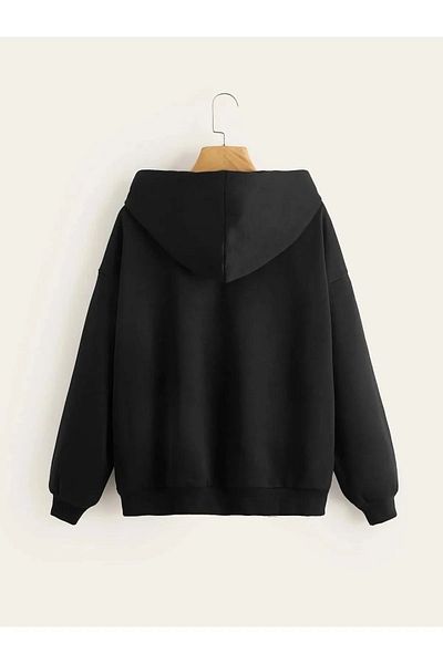 Mythologie Angel Written Thick Cardigan - Μαύρη εμπριμέ καλοκαιρινή υπερμεγέθη ζακέτα με κουκούλα και τσέπη με φερμουάρ