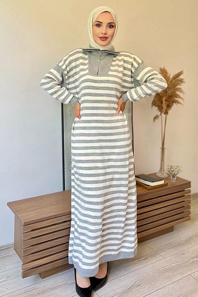 julude Grikrem Women - Ριγέ Πλεκτό Φόρεμα Hijab με μισό φερμουάρ