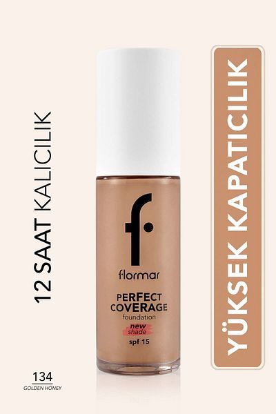 Flormar Perfect Coverage Yoğun Kapatıcı Su Bazlı Fondöten (Sıcak Alt Ton) -134 Golden Honey -8682536070614