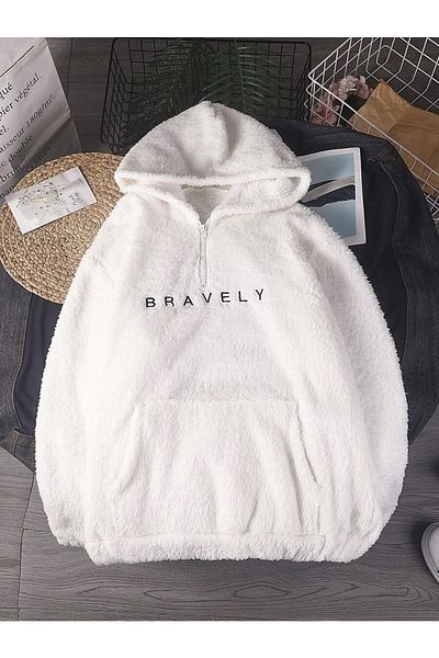Mad&Calf Ανδρικό βελούδινο φούτερ με κέντημα Bravely με μισή τσέπη με φερμουάρ