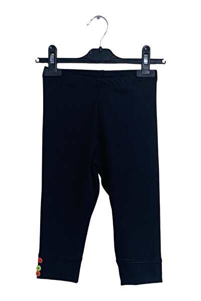 Cloise Button Detailed Kids Girls Black Capri Tights