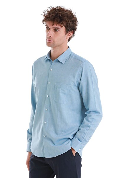 Hatemoğlu Mavi Slim Fit Desenli 100% Pamuklu Düğmeli Yaka Uzun Kollu Casual Gömlek
