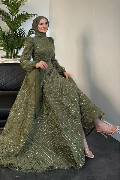MERVEN AKYÜZ Khaki Vittoria Evening Dress - Bow Bead Embroidered Sleeve