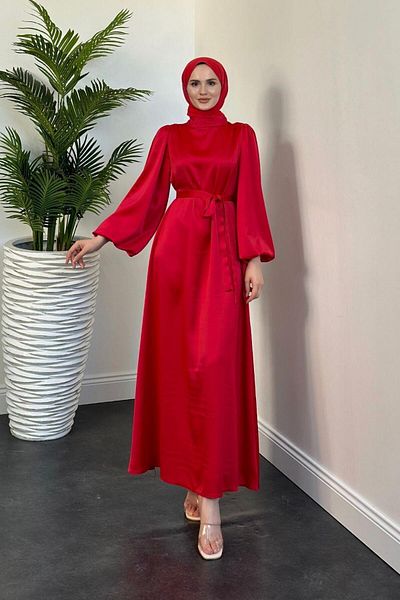 MERVEN AKYÜZ Balloon Sleeve Satin Red Dress - Dimitra