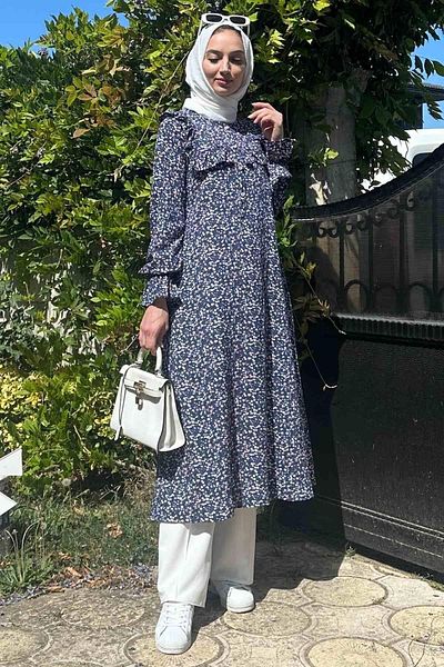 Rabia Şamlı Μπλε φλοράλ χιτώνα Dilruba