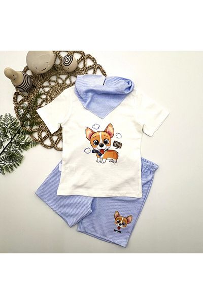 Narnuga Mi̇rayli̇fe 1-2-3 Years Old Puppy Printed Short Sleeve T-Shirt with Flare Shorts 3-Piece Baby Boy Set