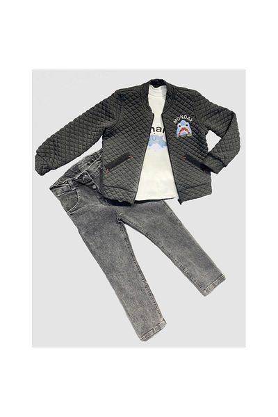 Narnuga Pilot Coat for 4-5-6 Years Old Boy, Long Sleeve Combed Cotton Sweat 3 Piece Set - With Jeans