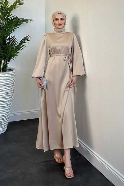 MERVEN AKYÜZ Φόρεμα Dimitra Cream Satin Balloon Sleeve