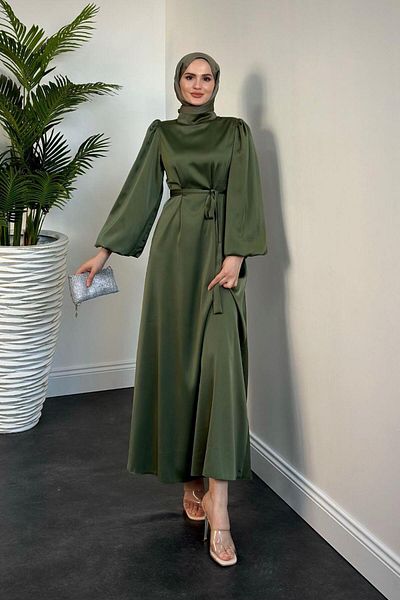 MERVEN AKYÜZ Φόρεμα Dimitra Khaki Satin - Μπαλόνι μανίκι