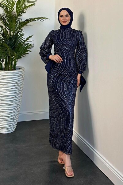MERVEN AKYÜZ Navy Blue Bellanca Glitter Evening Dress