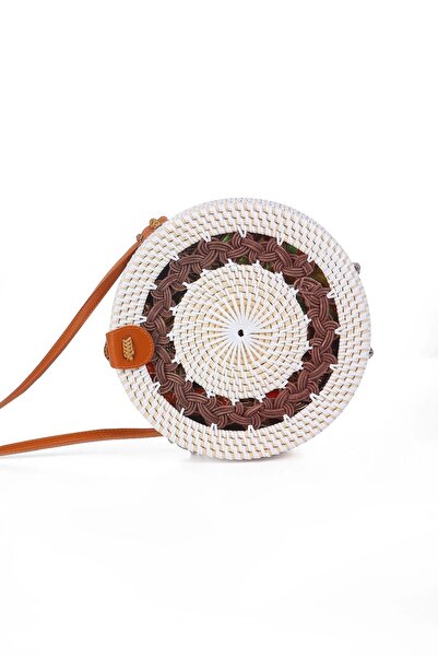 AVANTAGE HOME Daisy- Rattan Handmade Straw Round Shoulder Bag with Leather Strap Ecru Brown