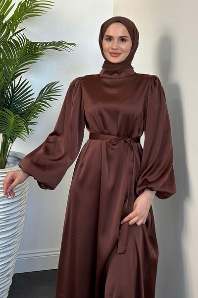MERVEN AKYÜZ Σατέν Φόρεμα Dimitra Balloon Sleeve Καφέ