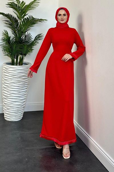 MERVEN AKYÜZ Jawel Red Pearl Studded Evening Dress - with Skirt, Belt and Cuff Detail