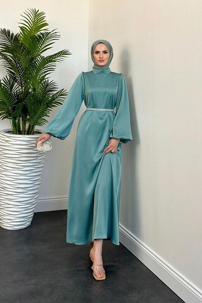 MERVEN AKYÜZ Βραδινό Σατέν Φόρεμα Nika Belt Pearl Water Green