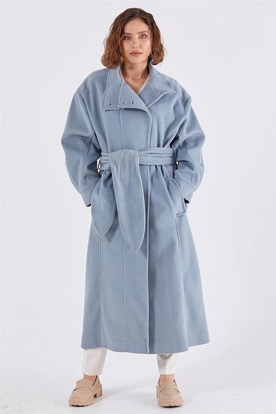 Tuğba Blue Judge Collar Long Buttoned Coat
