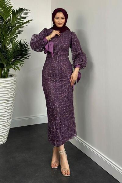 MERVEN AKYÜZ Glittered Didem Pencil and Evening Dress - Plum
