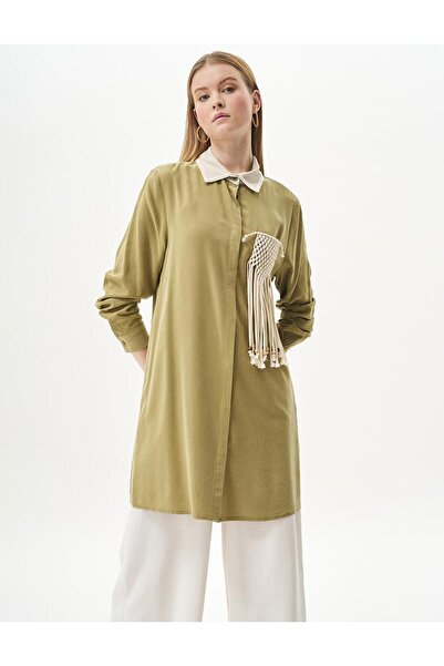 Kayra Makrome Detaylı Doğal Kumaş Tunik Haki